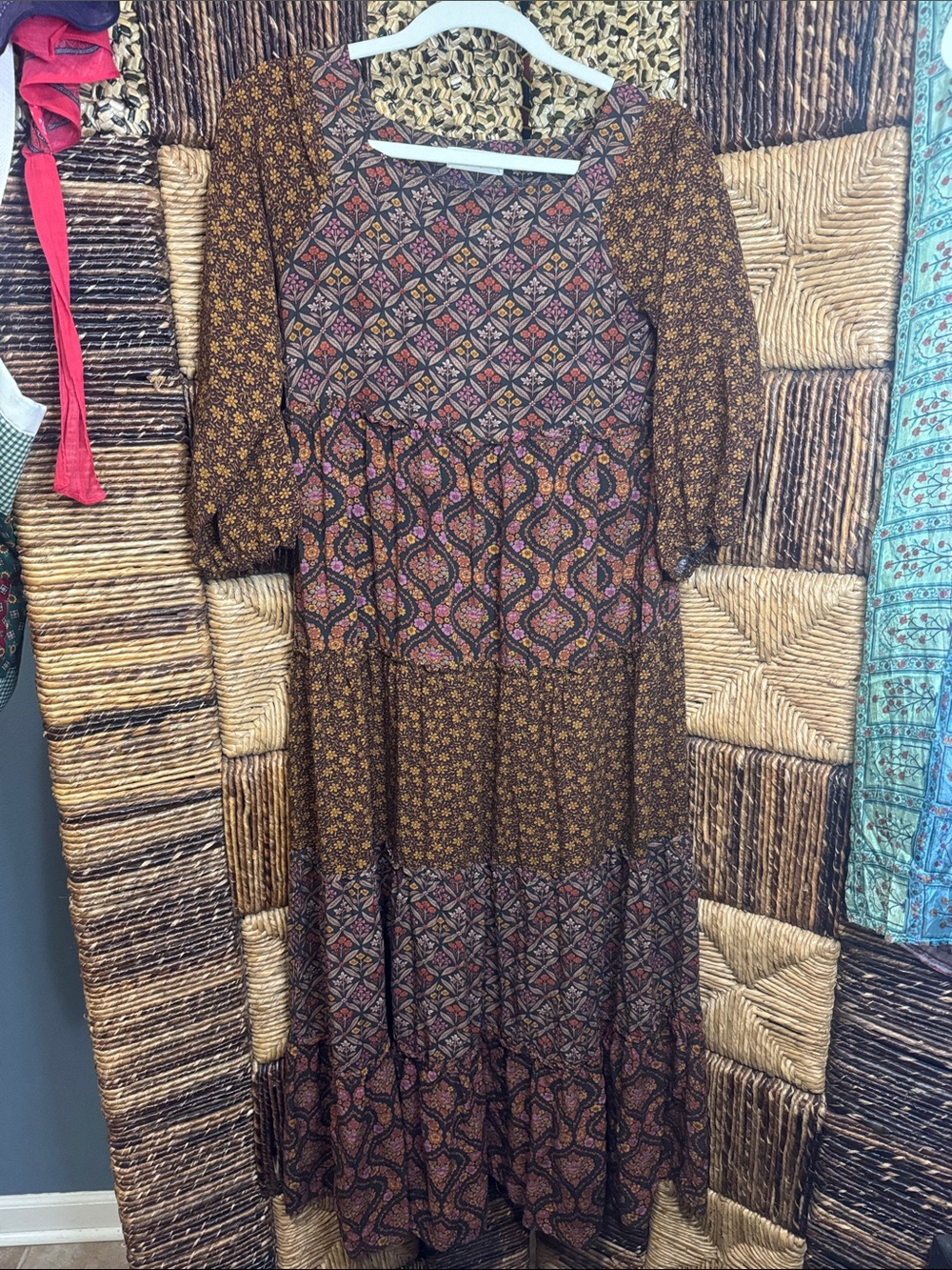 NATURAL LIFE Brown and Pink Boho Printed Tiered Maxi Dress